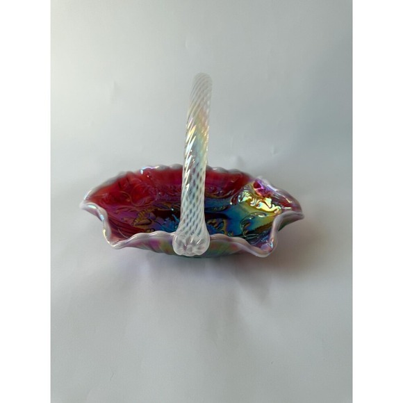 Vintage Fenton Plum Opalescent Iridized Glass Basket - Picture 8 of 9